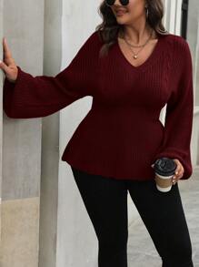 EMERY ROSE Plus Size Solid Color Lantern Sleeve Casual Sweater For Autumn And Winter For New Year Knit Pullover Fall - Red - View 7