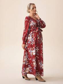 SHEIN Maternity Floral Print Long Sleeve Tie Waist Dress