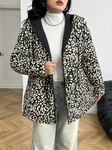 SHEIN EZwear 大码女式休闲豹纹收腰连帽加厚外套，可双面穿 - 彩色 - 查看 4