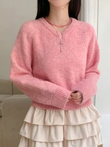 DAZY Áo len dài tay cổ chữ V rộng rãi mặc hàng ngày cho nữ, Áo dài tay, Quần áo mùa thu - Hồng - Xem 4
