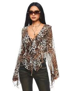 ROMWE Grunge Punk Blusa trasparente elegante con stampa leopardata, arricciatura sul bordo, vita regolabile con laccio, in stile Y2K