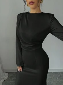 Selianne 1 件女士优雅浪漫褶皱连衣裙长款缎面女士服装 - 黑色 - 查看 5