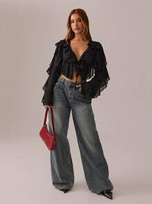 SHEIN SXY 黑色上衣；秋季女装；短款上衣；节日服装派对聚会黑色网眼透视荷叶吊带深 V 领女士性感长袖衬衫