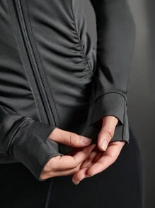 SHEIN Sports Solid Color Ruched Fitted Hooded Sports Jacket