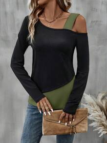 SHEIN LUNE 1 件女式不对称露肩长袖上衣，休闲日常穿着图案 T 恤女式春季上衣