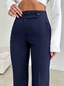 SHEIN Tall Lange Größe Damen Lässig/Büro einfarbige Hose mit hoher Taille und geradem Bein - marineblau - Übersicht 3