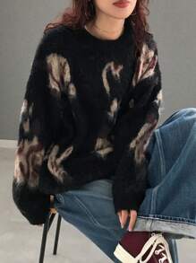 FRIFUL Women Crew Neck Long Sleeve Pattern Detail Casual Loose Knit Sweater,Fall Women Clothes