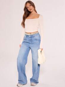 MUSERA 方领修身长袖露脐上衣，适合度假、春夏、秋季休闲穿着