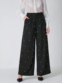 Enchnt Women's Black Solid Color Commuting Casual / Fashionable Outing / Versatile /    Bubble Beads  Pocket  Loose Wide Leg Pants, Suitable For Winter,New Years Clothes,Elegant Women Pants,For Christmas Party&Romantic Dinner Dates - Black - View 6