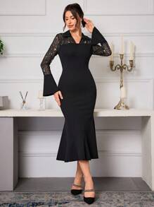 Modelyn Đầm dạ hội dài tay loe midi chữ A lưới sequin thanh lịch mùa thu cho nữ - màu đen - Xem 6