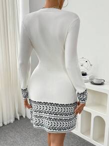 SHEIN Clasi Gaun Sweater Rajut Elegan Lengan Panjang Leher Bulat Motif Geometris Blok Warna untuk Wanita, Cocok untuk Musim Gugur & Musim Dingin - Putih - View 2