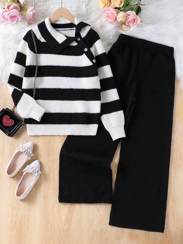 Ensemble pull tricoté avec bloc de couleurs rétro minimaliste et pantalon large tricoté pour préadolescentes