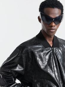 Manfinity VCAY Men Street Fashion Black Faux Leather Zip-Up Long Sleeve Jacket, For Fall Winter - Black - View 6