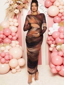 Loomaby Gender Reveal Long Sleeve Dress Pregnant Women Elegant Ruched Mesh Bodycon Long Sleeve Dress, For Maternity Dress - Multicolor - View 5