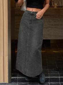 DAZY Falda vaquera casual con botones frontales y bolsillos para mujer