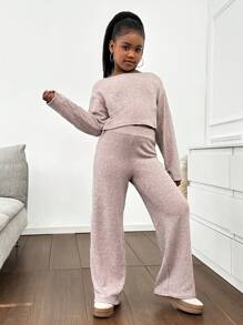SHEIN Tween Girl 休闲保暖针织蓬松超大露肩长款 T 恤和阔腿裤套装 - 藕粉色 - 查看 4