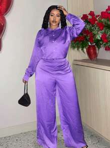 Slaydiva مجموعة قميص نسائي وبنطلون واسع أنيق للحفلات والمناسبات والسهرات، قميص بأكمام طويلة لون بنفسجي غامق مع زخرفة ثلاثية الأبعاد على شكل زهور، وبنطلون طويل، قماش ساتان، مقاسات كبيرة، طقم قطعتين مناسب للربيع والخريف - الأرجواني - مشاهدة 1
