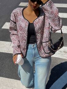 Chiquease 新款时尚欧洲休闲宽松长袖口袋豹纹针织女夹克，秋季 - 彩色 - 查看 4