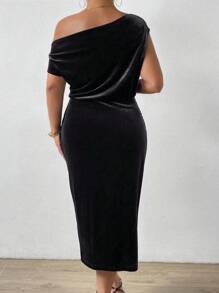 SHEIN Clasi 大码女式优雅纯色不对称领口开衩连衣裙，秋季长款女装 - 黑色 - 查看 2