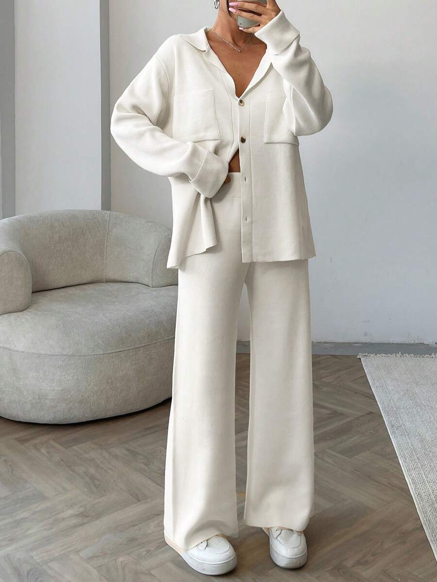 EURMUSE Women Solid Color Collar Neck Front Button Pocket Detailed Pullover & Sweater Pants Set - Beige - View 1