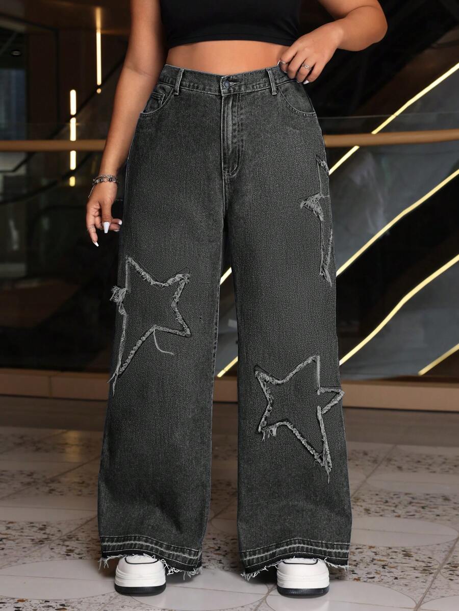 SHEIN EZwear Quần Jeans Thời Trang Nhiều Miếng Dán Sao Giặt Cũ Cho Nữ Size Lớn - Màu xám đen - Xem 1
