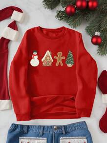 Tween Girl Christmas Tree, Gingerbread Man, Snowman Graphic Print Crew Neck Sweatshirt - Red - View 3