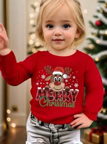 女婴圣诞口号印花圆领宽松长袖休闲运动衫，秋冬 - 紅色 - 查看 1