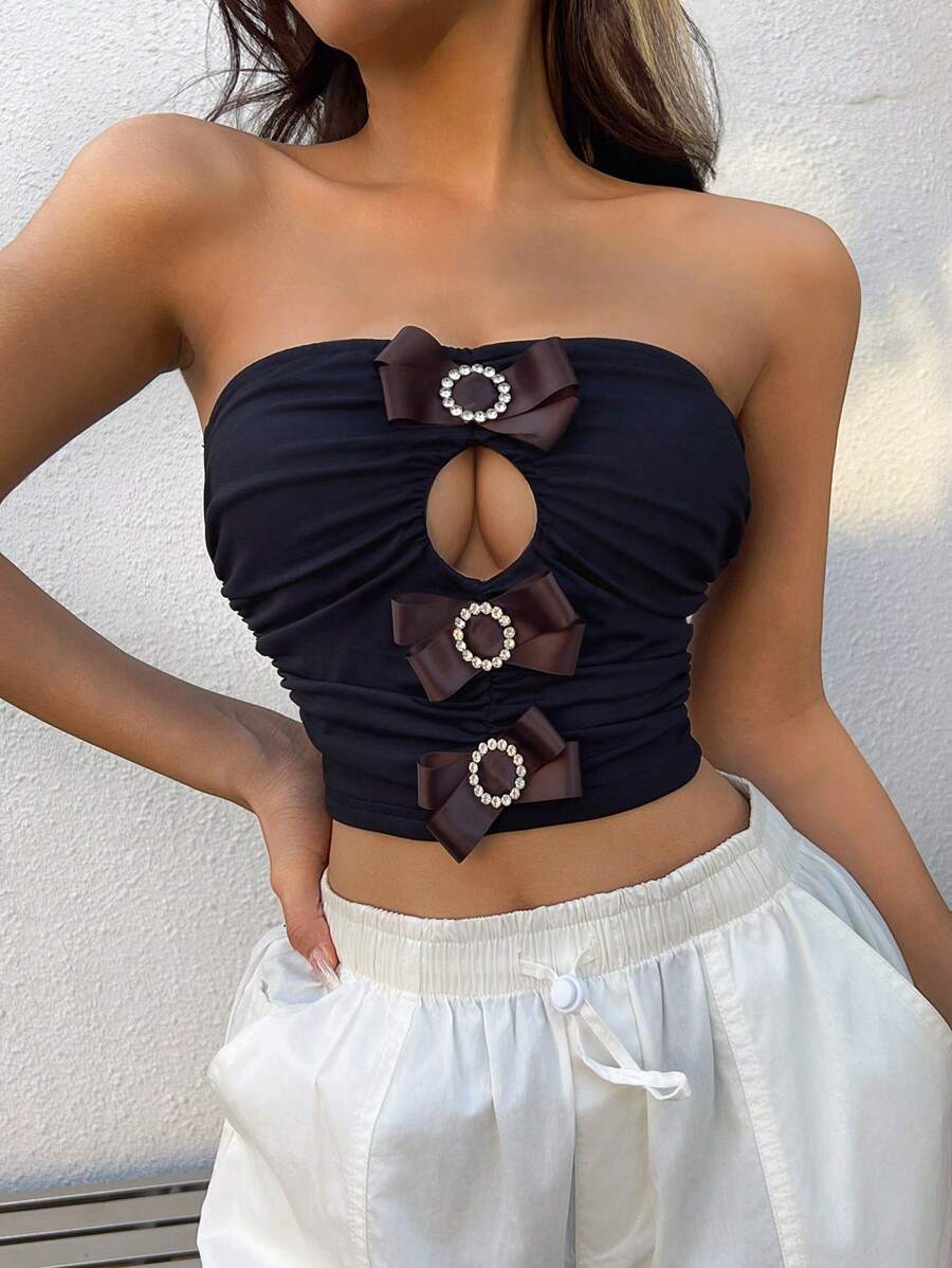 INAWLY Áo Bandeau khoét lỗ trang trí nơ cho nữ, Áo cánh cổ chữ V co giãn gợi cảm - màu đen - Xem 1