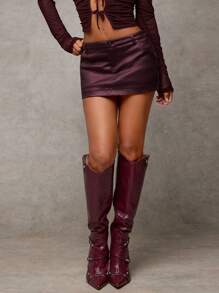 SHEIN BAE Women Burgundy Solid High Street Versatile Casual Wear, Performance , Coated Leather-Like PU Retro Textured High Waist Low Waist Shorts/Skorts/Mini Shorts, Suitable For Party, Christmas, Thanksgiving, Sexy Mermaid Office , Angola Red Skirt/Winter Women Skirts, Christmas Skirt, New Year's Eve