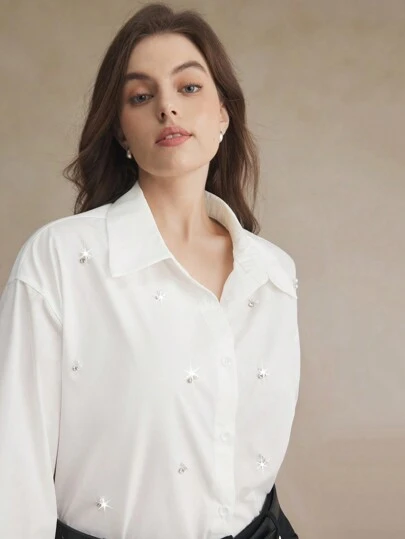 BizChic 大码女士休闲优雅钻石装饰编织衬衫，适合通勤