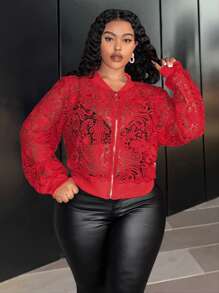 Slaydiva 日常休闲优雅紧身纯红色长袖透明蕾丝夹克，短款拉链大码女士，春秋季 - 紅色 - 查看 9
