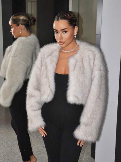 SHEIN ICON Winter Women Coat New Years Outfit Solid Color Open Front Party Long Sleeve Party Fluffy Jacket Fluffy Coat, For Autumn/Winter