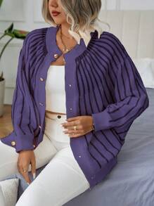 Calvaya Cárdigan informal de manga larga a rayas de talla grande con un solo botonadura, para otoño/invierno - Morado - Ver 1