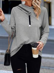 SHEIN LUNE Women's Solid Color Raglan Sleeve Long Sleeve Zipper Design Hooded Casual Sweatshirt, Autumn - Grey - View 3