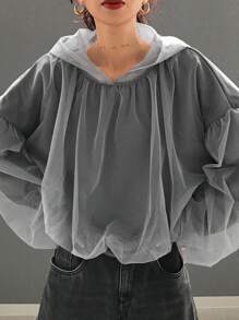 FRIFUL Women's Autumn Mesh Splice Drop Shoulder Loose Hoodie Pullover,Ruffle Sweatshirt - Grey - View 3