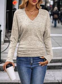 SHEIN LUNE Áo thun nữ cổ chữ V dài tay viền bèo nhún, mùa thu - Màu be - Xem 3