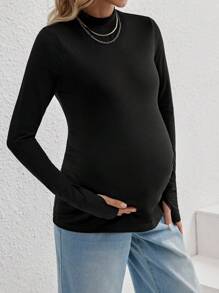 SHEIN Autumn/Winter Pregnant Women Mock Neck Solid Color Long Sleeve Basic T-Shirt, Black Bottoming Tee - Black - View 5