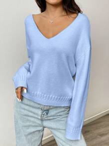 SHEIN Unity 1 Áo len cổ chữ V trễ vai màu trơn thường ngày cho nữ, mùa thu/đông - Màu xanh lam - Xem 6