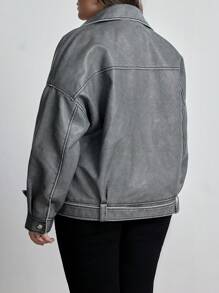 Aveloria New Arrival Autumn/Winter European And American Style Washed PU Leather Lapel Loose Oversized Jacket For Women - Grey - View 2