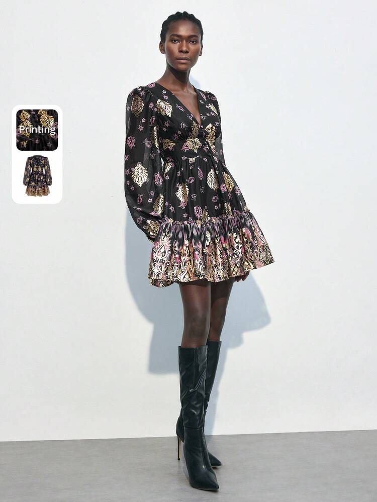 SHEIN Maija Women's Spring/Summer Floral Foil Print Lantern Sleeve Elegant Mini Dress