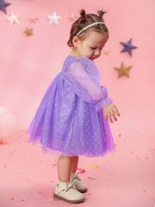 女婴 3D 刺绣蝴蝶结前褶边长袖波尔卡圆点提花网眼紫蝴蝶公主生日派对连衣裙，春/夏/秋季