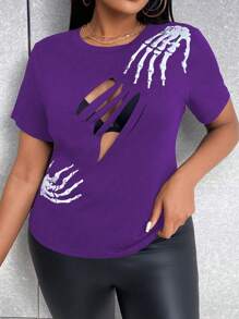 SHEIN Unity Plus Size Round Neck Short Sleeve Floral Hollow-Out Simple Casual Top - Purple - View 4