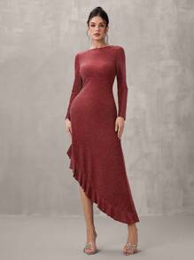 SHEIN Belle Women's Round Neck Long Sleeve Ruffle Sequin Patchwork Gown For Party/Banquet, Fashion Autumn And Winter Banquet Party Festival Princess Socialite Elegant Internet Celebrity Popular Dress, Daily Wear Elastic Gold Thread Fabric Dress, Formal Dinner Ball Dress, Christmas, New Year's Eve Can Be Worn For New Year, Wedding Guest Dress
