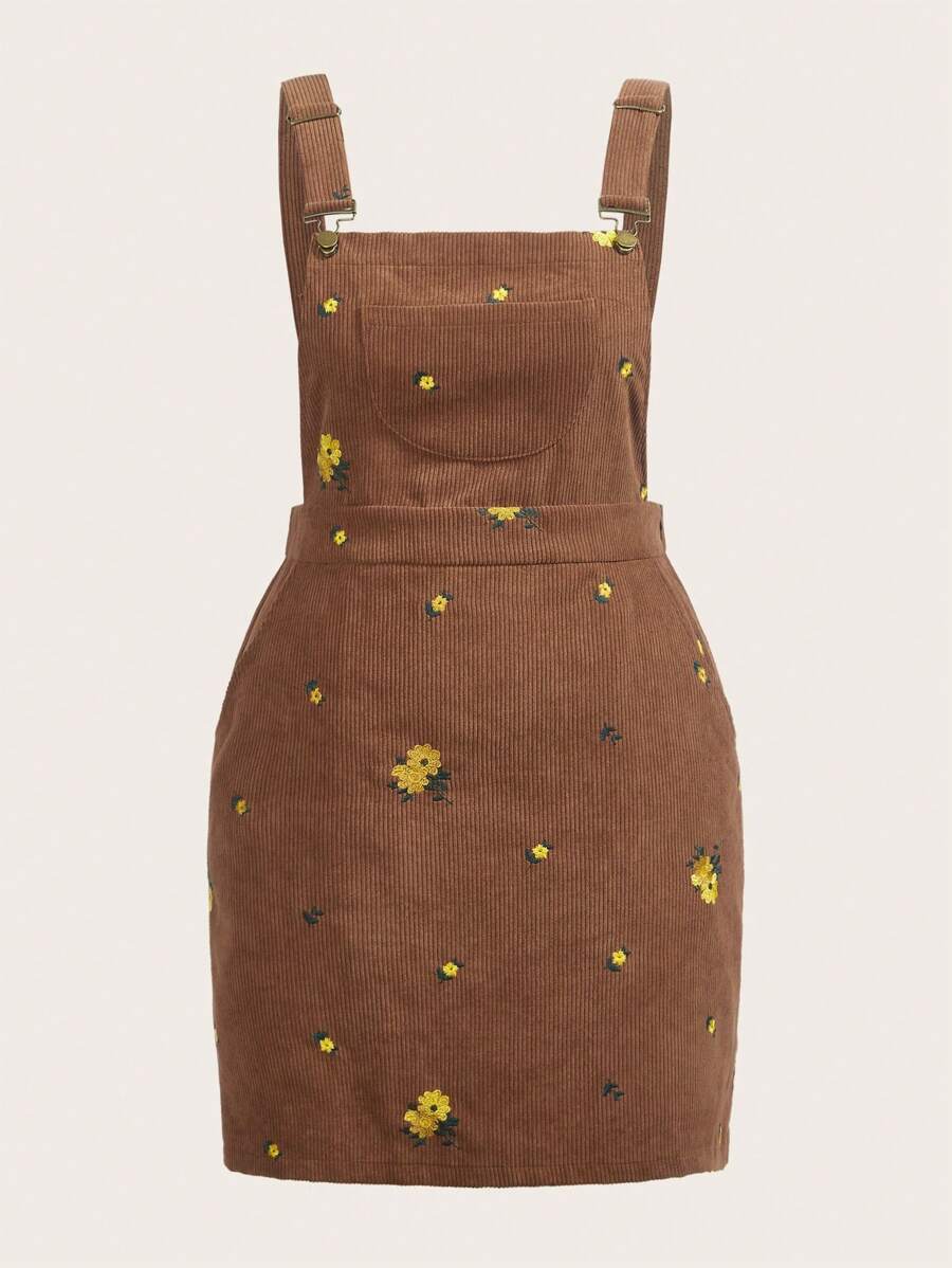 SHEIN EZwear Plus Size Women Floral Embroidery Pocket Casual Strap Short Dress, Brown Color - Brown - View 1