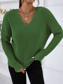 Chiquease 女士纯色 V 领长袖简约休闲套头毛衣 - 綠色 - 查看 3