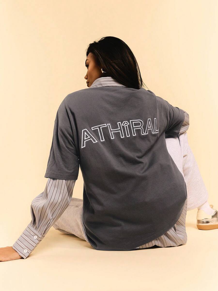 Athîral Straight Cut Loose Casual T-Shirt With Applique And Embroidered Logo - Grey - View 1