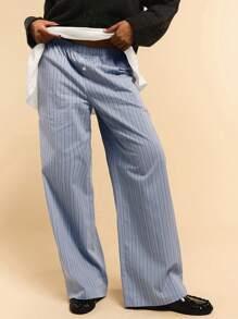 Athîral 阔腿条纹裤，松紧腰，女式慢跑裤 - 藍色 - 查看 1