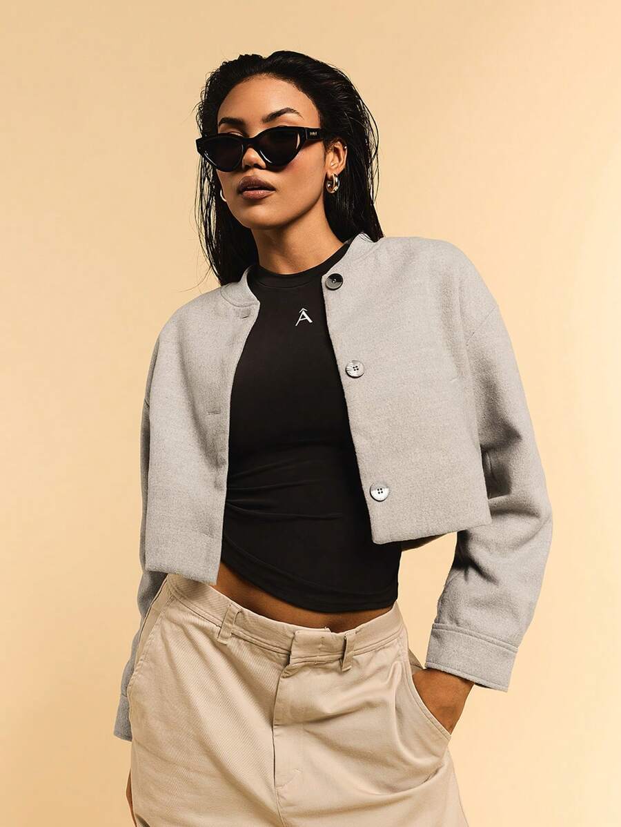Athîral Women's Solid Color Long Sleeve Single-Breasted Baseball Collar Casual Jacket, Autumn - Grey - View 1