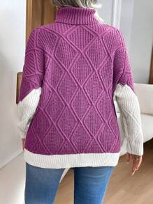 Calvaya Plus Size Turtleneck Colorblock Sweater, Fashion Casual Pullover For Everyday Wear, For Winter Knit Pullover Fall - Purple - View 2