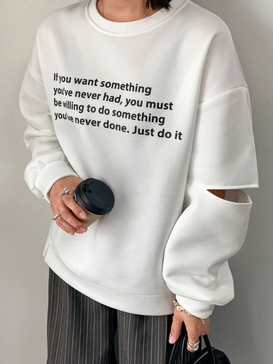 FRIFUL 女式镂空撕边字母印花圆领长袖套头衫，秋季服装